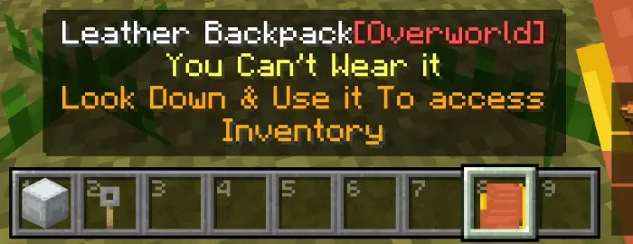 Hotbar showing a selected leather backpack item.