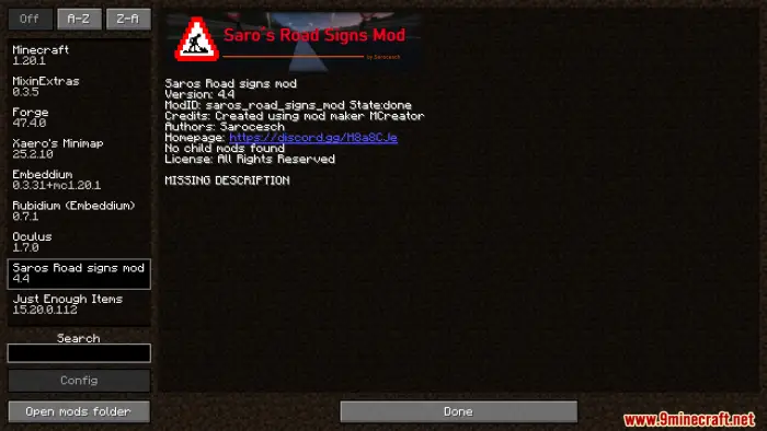 ALT Saros Road Signs Mod info screen