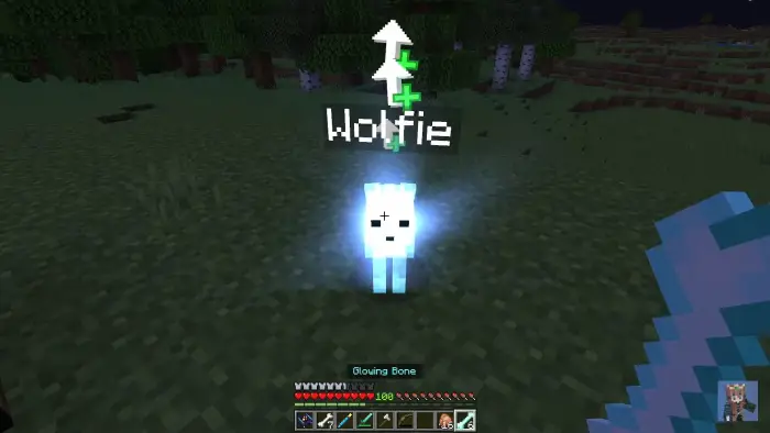 Glowing ghost wolf pet with upgrade arrow