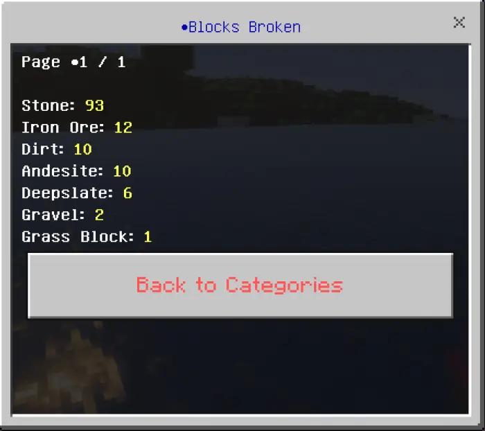 Blocks broken stats menu with item counts