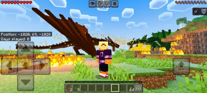 Player stands near dragons and blazing fire