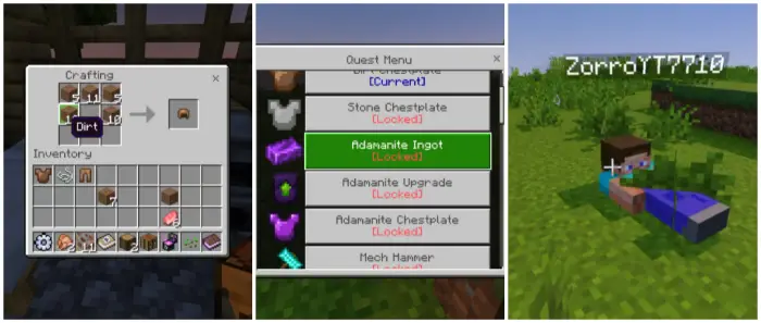 1. Crafting menu with helmet recipe 2. Quest menu with locked rewards 3. Character dragging zombie on grass