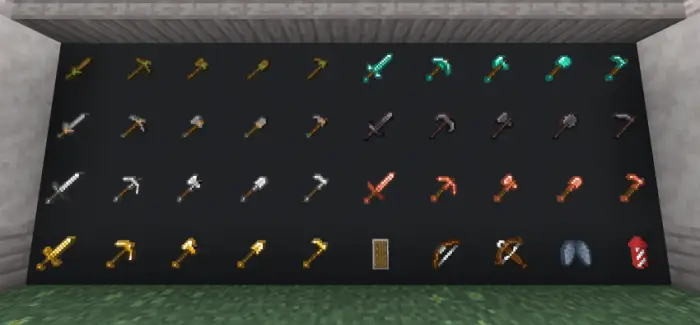 Various tools and weapons on dark display