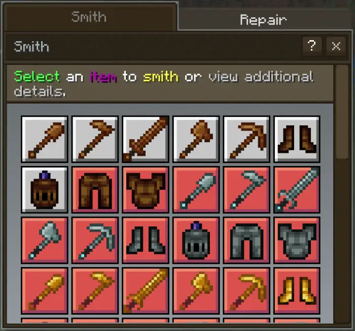 Smithing menu with weapons and armor icons.
