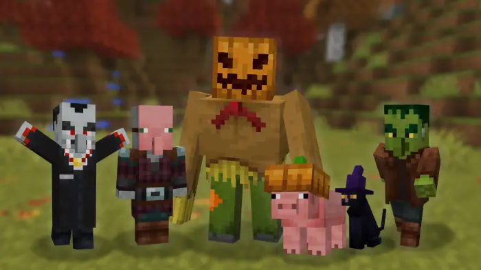 Halloween-themed characters and animals