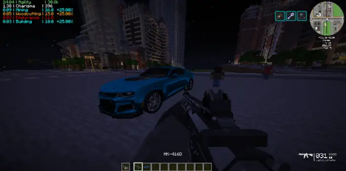 Player aims rifle at blue car in city at night