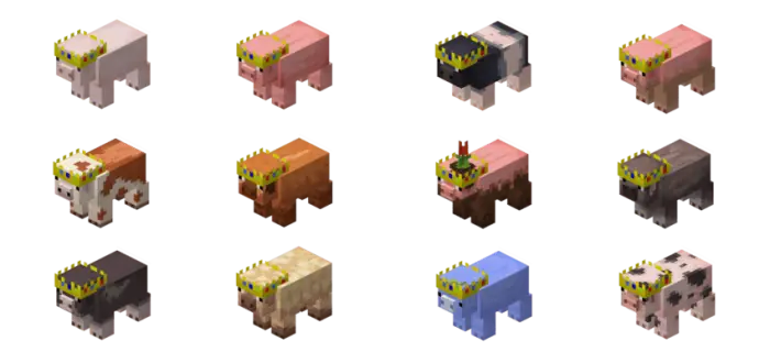 1. White pig with yellow flower crown 2. Pink pig with yellow flower crown 3. Black and white pig variant 4. Pink pig with bl
