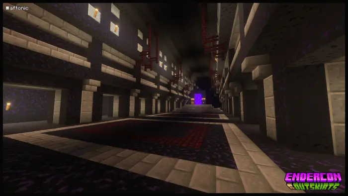 Dimly lit corridor with a glowing portal