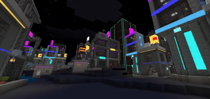 Futuristic neon-lit cityscape at night