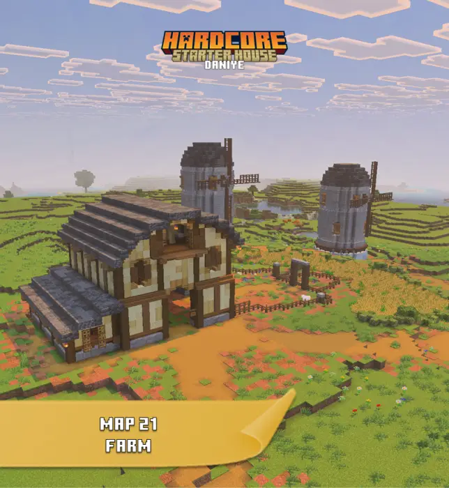 Pixelated barn and windmills in farmland.