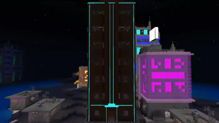 Futuristic neon-lit buildings at night