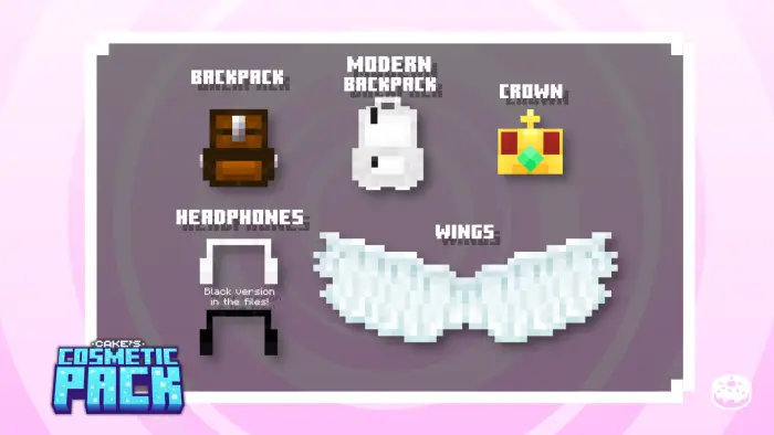 Five pixel art cosmetics backpack, crown, wings