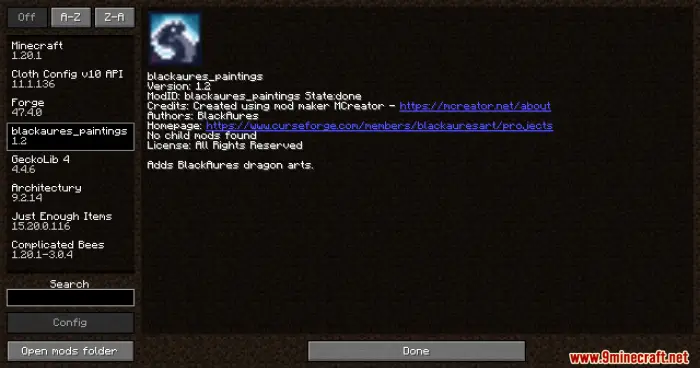 Mod menu showing dragon paintings mod info