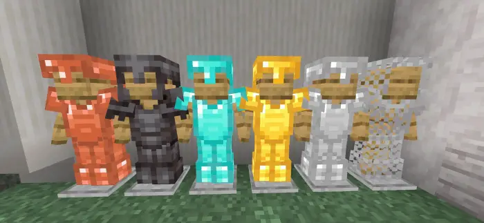 Five armor stands with different colored armor
