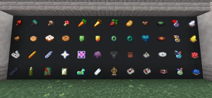 Various enhanced item icons on dark wall