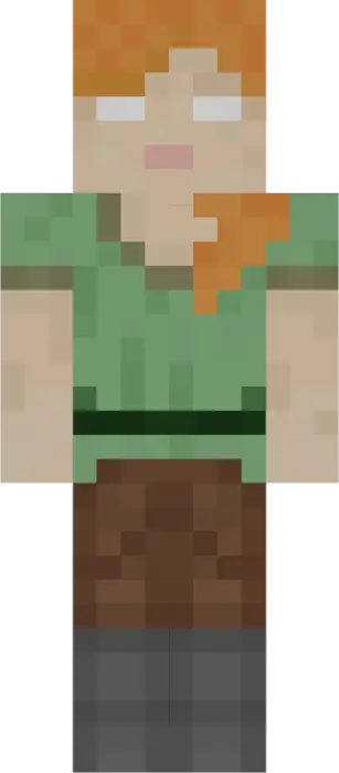 Pixelated character with white eyes and red hair