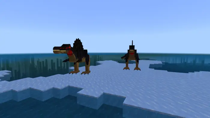 Two blocky spinosaurids stand on ice.