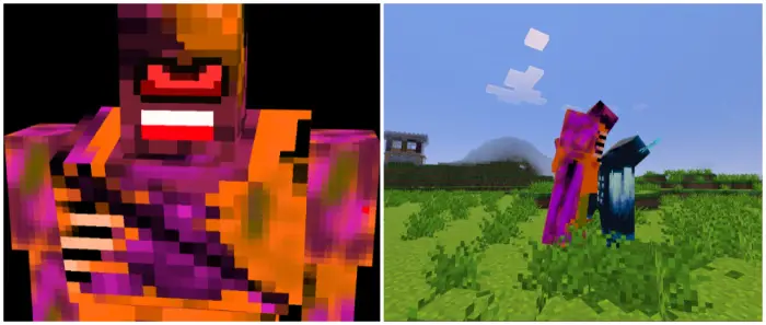 Left Close-up of a mutant zombie boss Right Two mutant monsters fighting in grass
