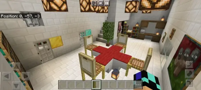 Modern puzzle room with chairs and red carpet