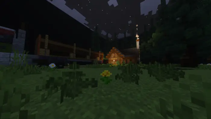 Cabin in a dark, eerie forest at night