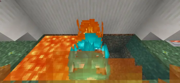 Character with blue and orange flames by lava