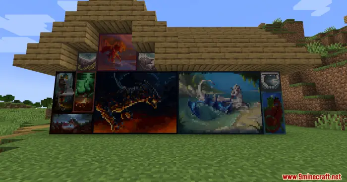 Pixel-art dragon paintings on a wooden wall