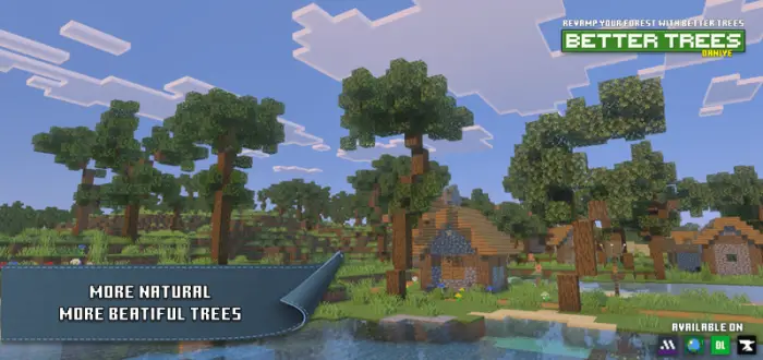 Lush, realistic trees by a small village pond