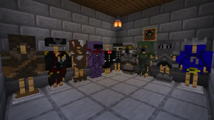 Mannequins display various unique armor sets.