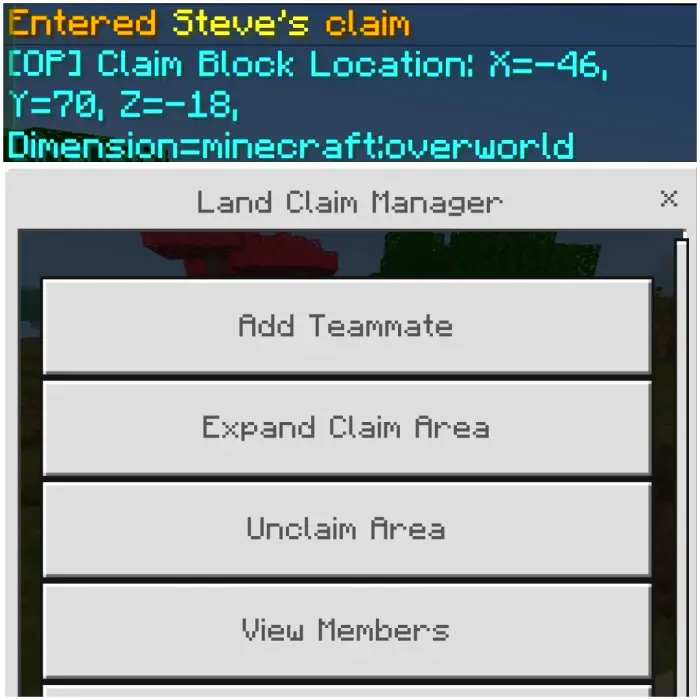 Land Claim Manager menu with claim info