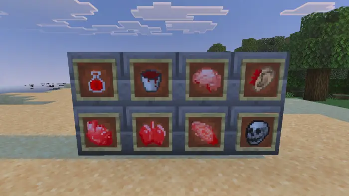 Pixel art potions, organs, and skull in frames