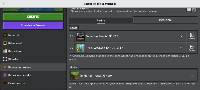 Active resource packs menu with zombie mod