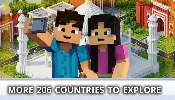 Blocky characters selfie at world landmark map