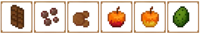 1. Brown chocolate bar in a frame 2. Cluster of dark berries displayed 3. Brown square food item framed 4. Red-yellow apple o