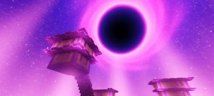 Purple glowing eclipse over pixelated towers