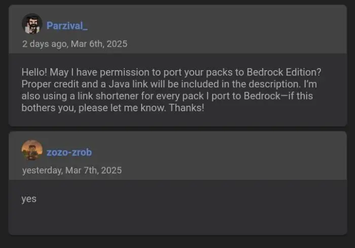 Two users discuss texture pack permissions.