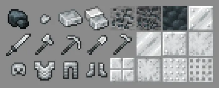Pixel art of futuristic tools, armor, and blocks