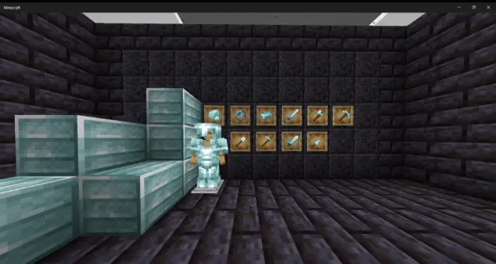 ALT Display of glowing armor and tools in a room