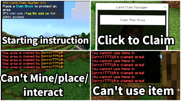 1. Instruction to place claim block 2. Land claim manager interface 3. Blocked actions in claimed area 4. Item use restricted