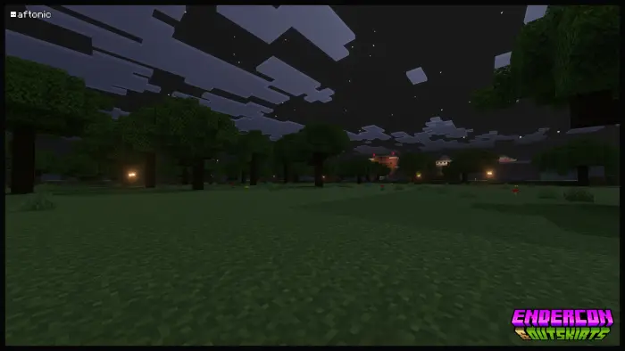 Nighttime forest with distant glowing lights