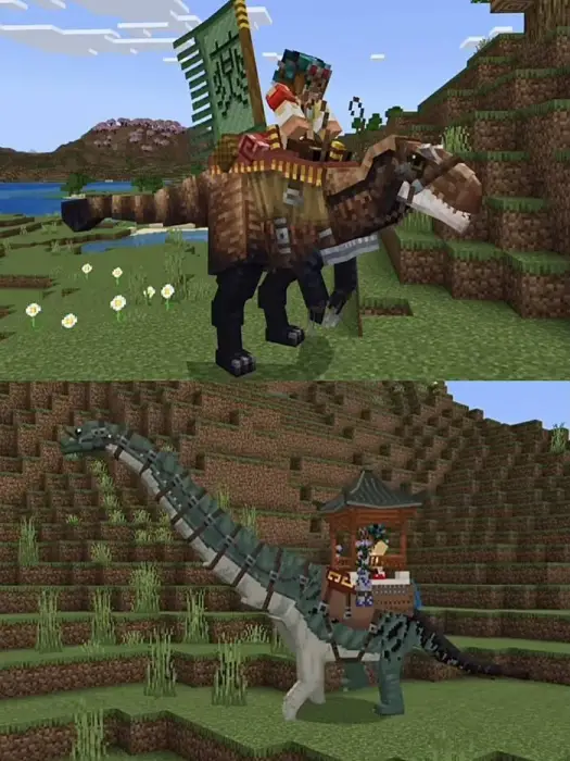 Player riding armored dinosaurs in-game