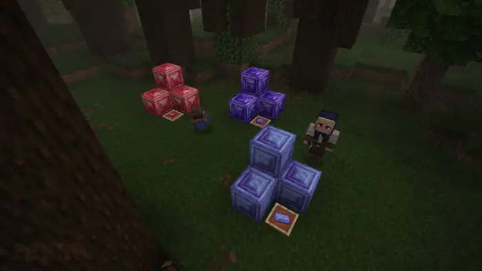 Colorful crystal blocks and two villagers
