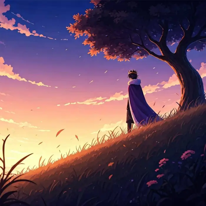 Crowned character in cape at sunset hilltop