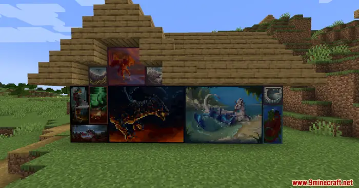 Pixel-art dragon paintings on a house wall