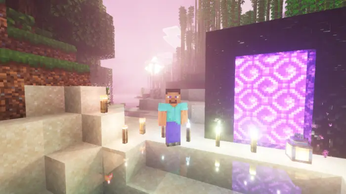 Blocky character near glowing portal and water