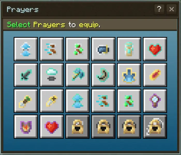 Pixel art icons for selectable prayers menu.