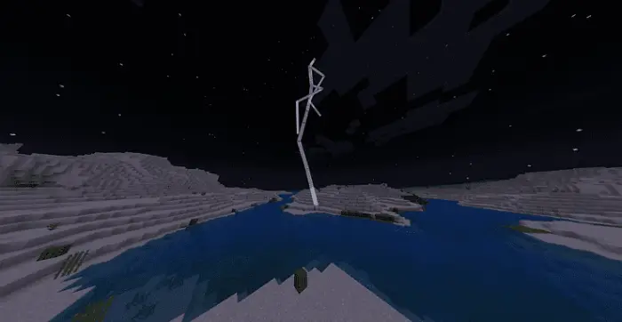Lightning strikes over a snowy river at night