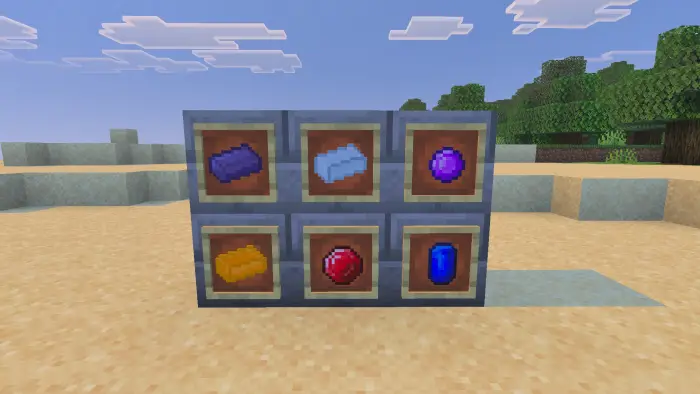 Six colorful ingots and gems on display