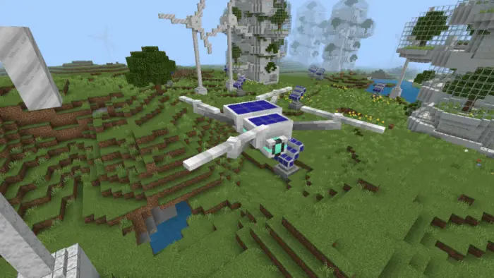 Futuristic drone and robots in grassy terrain