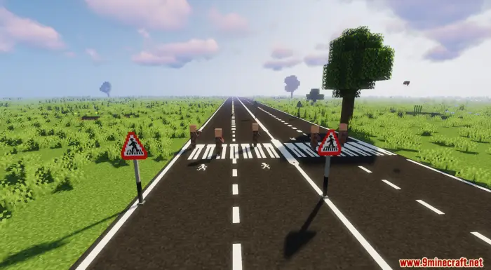 Realistic road signs and crosswalks