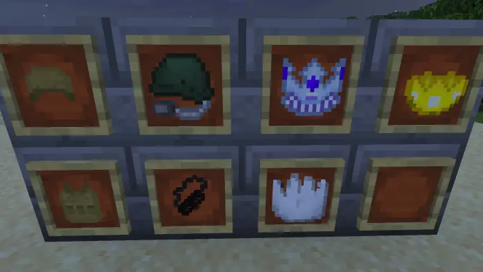 Decorative armor, crowns, and items display